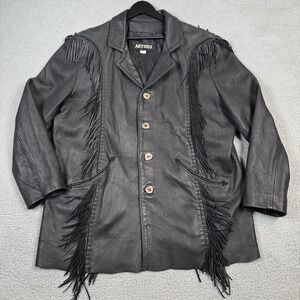 Vtg Arturo Jacket 46 Black Leather Western Fringe Hand Made Mexico Wood Buttons